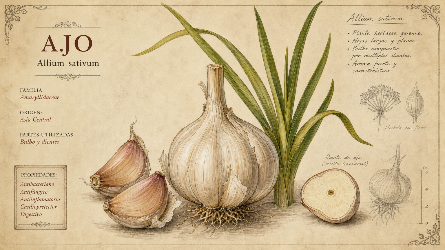 Ilustración botánica de ajo
