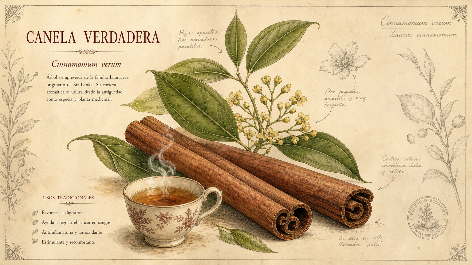 Ilustración botánica de canela