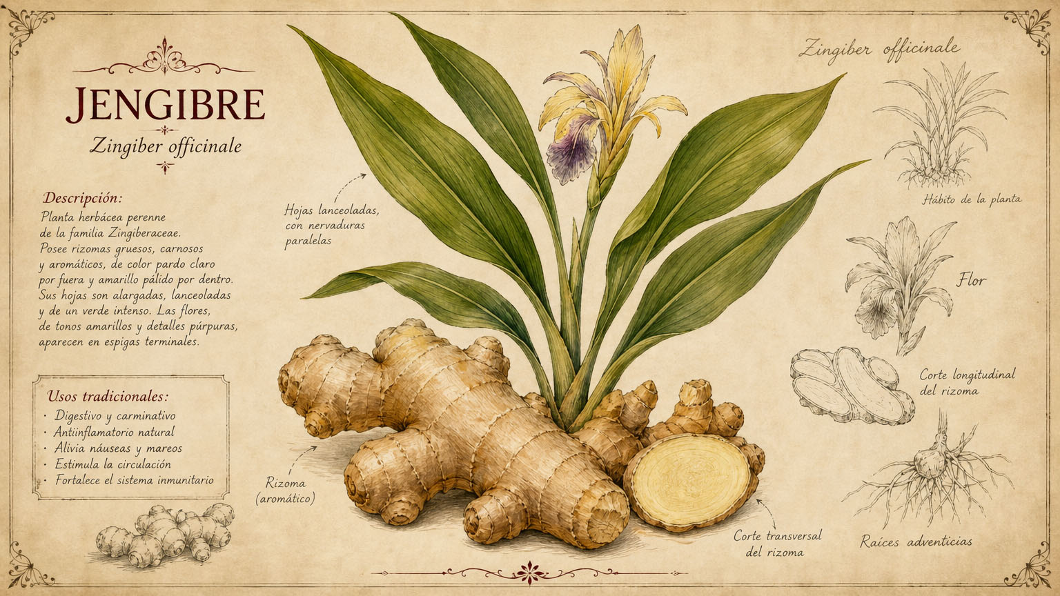 Ilustración botánica de jengibre